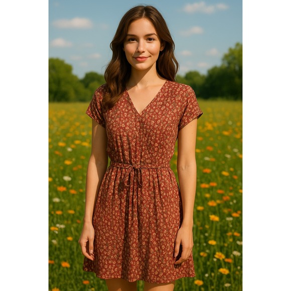 Serra‎ Floral Sheath Midi Dress Sz M Short Sleeve Wrap V Neck Boho Brown Stretch - Picture 1 of 11